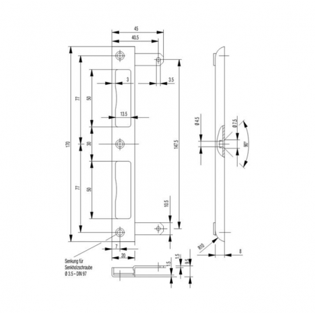 BKS Winkel Schließblech 2809 für Zimmertüren